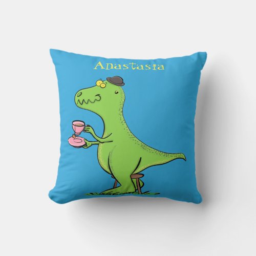 Cute funny green t rex dinosaur cartoon throw pillow