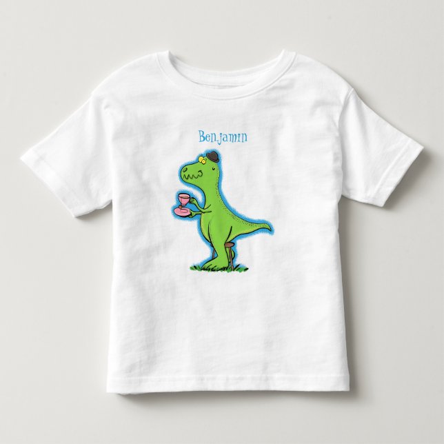 Cute funny green t rex dinosaur cartoon toddler t-shirt (Front)