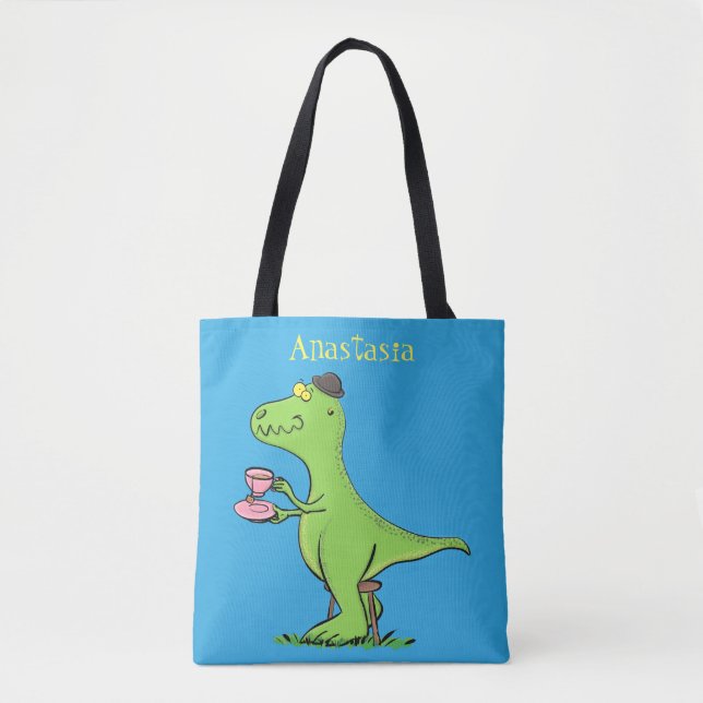 Cute funny green t rex dinosaur cartoon tote bag (Front)