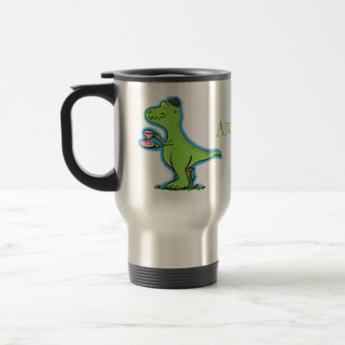 Cute funny green t rex dinosaur cartoon travel mug