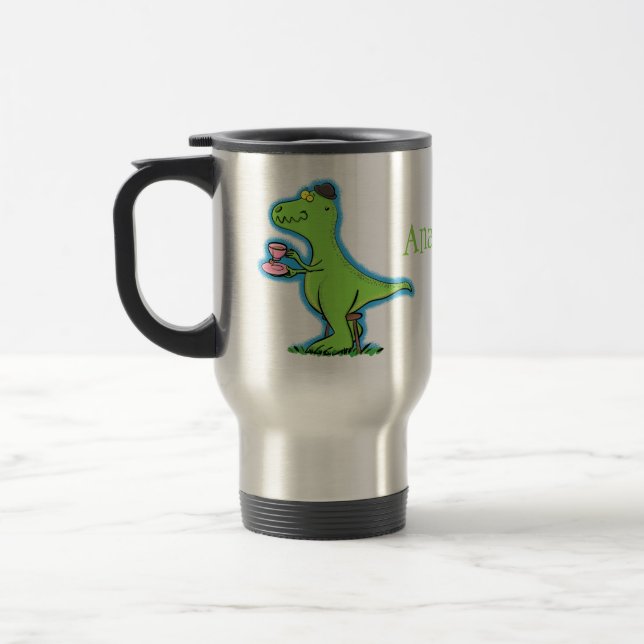 Cute funny green t rex dinosaur cartoon travel mug (Left)