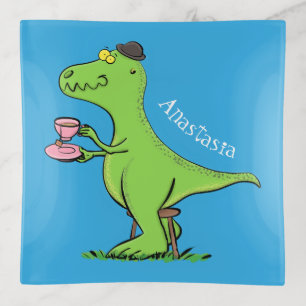 Cute funny green t rex dinosaur cartoon trinket tray
