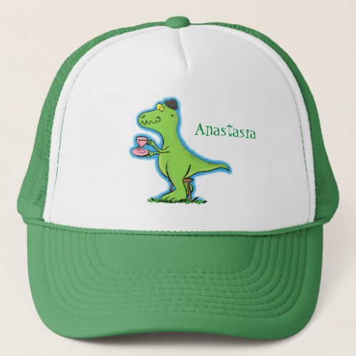 Cute funny green t rex dinosaur cartoon trucker hat