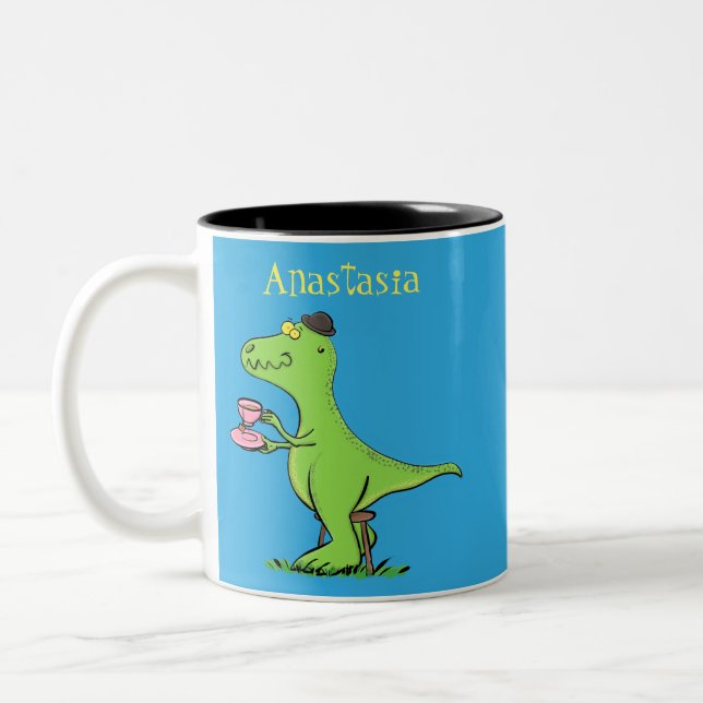 Cute funny green t rex dinosaur cartoon Two-Tone coffee mug (Left)