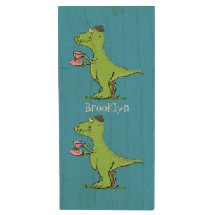 Cute funny green t rex dinosaur cartoon wood flash drive