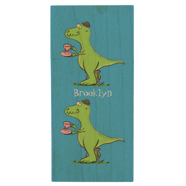 Cute funny green t rex dinosaur cartoon wood flash drive (Front Vertical)