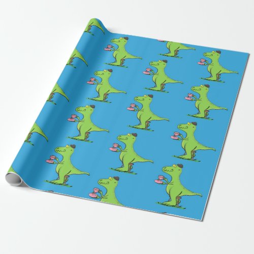 Cute funny green t rex dinosaur cartoon wrapping paper