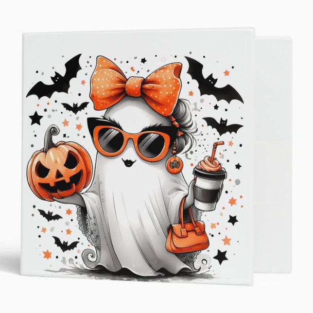 Cute Funny Halloween Ghost 3 Ring Binder (Front/Inside)