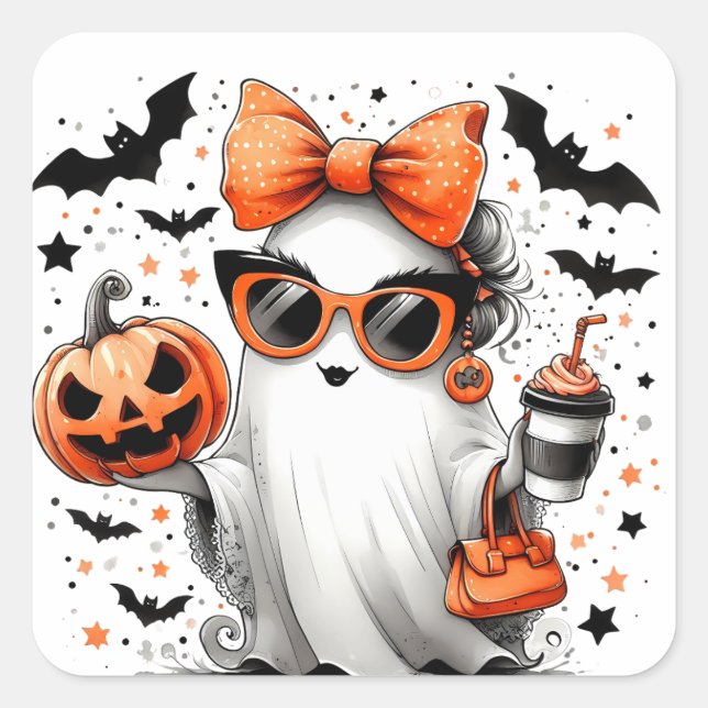 Cute Funny Halloween Ghost Square Sticker (Front)