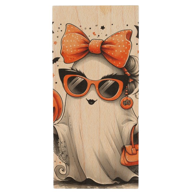 Cute Funny Halloween Ghost Wood Flash Drive (Front Vertical)