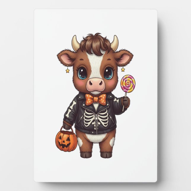Cute Funny Halloween Highland Cow Plaque (Front)