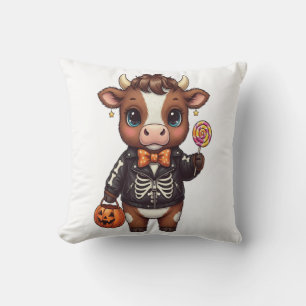 Cute Funny Halloween Highland Cow Throw Pillow