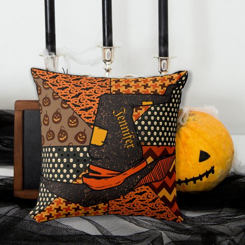 Cute Funny Halloween Witch Orange Pumpkin  Throw Pillow
