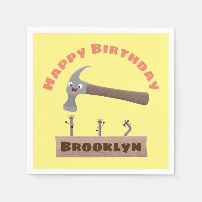 Cute, funny hammer and nails cartoon birthday napkins (Front)
