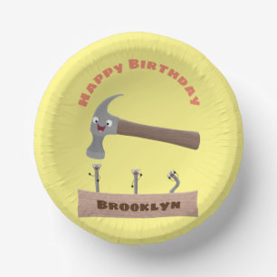 Cute, funny hammer and nails cartoon birthday paper bowls