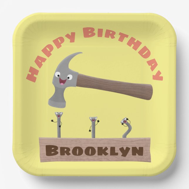 Cute, funny hammer and nails cartoon birthday paper plates (Front)