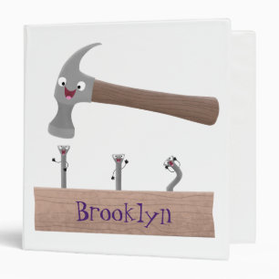 Cute, funny hammer and nails cartoon illustration 3 ring binder