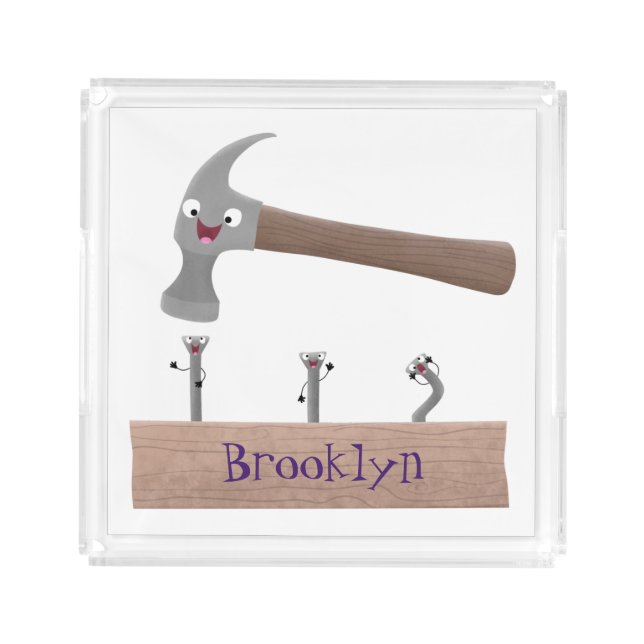 Cute, funny hammer and nails cartoon illustration acrylic tray (Front)