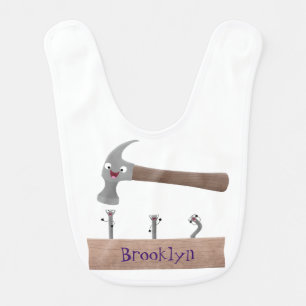 Cute, funny hammer and nails cartoon illustration baby bib
