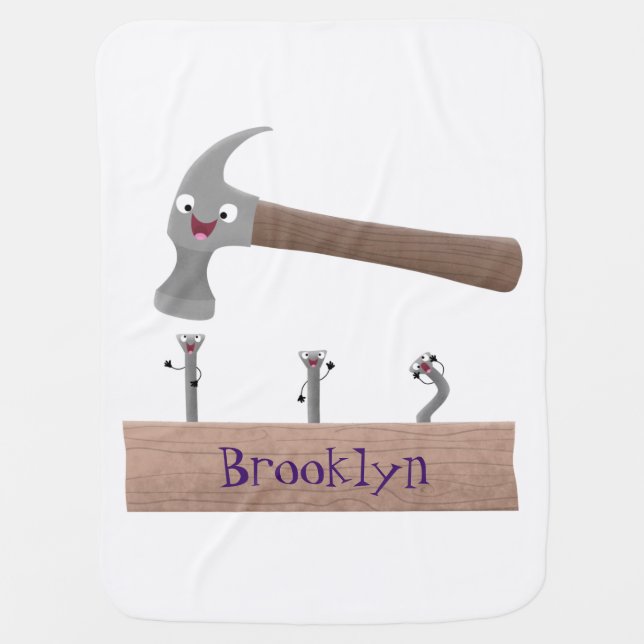 Cute, funny hammer and nails cartoon illustration baby blanket (Front)