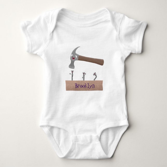 Cute, funny hammer and nails cartoon illustration baby bodysuit (Front)