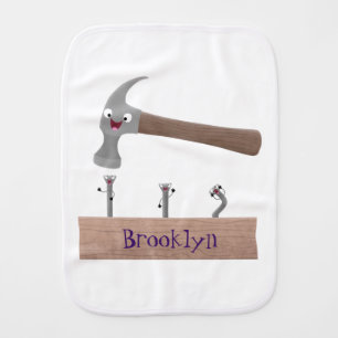 Cute, funny hammer and nails cartoon illustration baby burp cloth