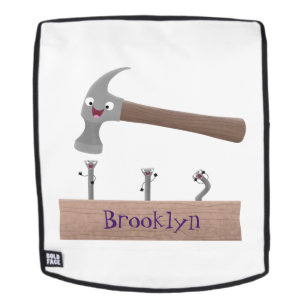 Cute, funny hammer and nails cartoon illustration backpack