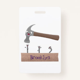 Cute, funny hammer and nails cartoon illustration badge