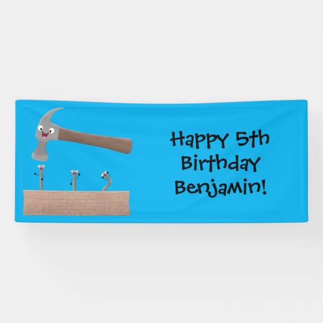 Cute, funny hammer and nails cartoon illustration banner (Horizontal)
