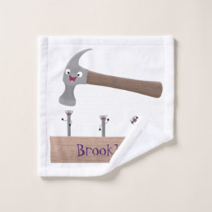 Cute, funny hammer and nails cartoon illustration bath towel set