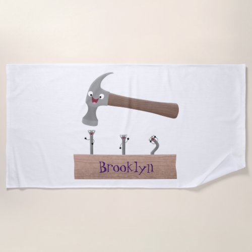 Cute funny hammer and nails cartoon illustration  beach towel