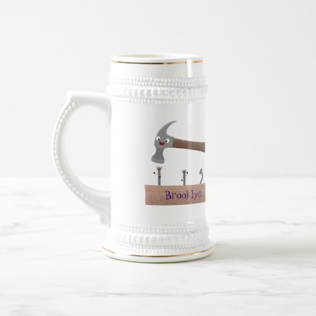 Cute, funny hammer and nails cartoon illustration  beer stein (Left)