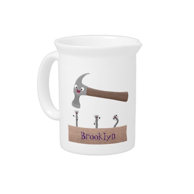 Cute, funny hammer and nails cartoon illustration  beverage pitcher (Left)