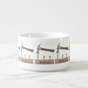 Cute, funny hammer and nails cartoon illustration bowl