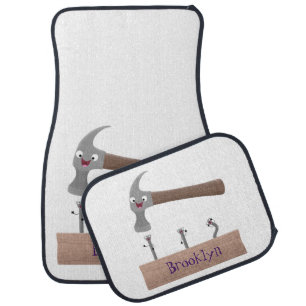 Cute, funny hammer and nails cartoon illustration  car floor mat