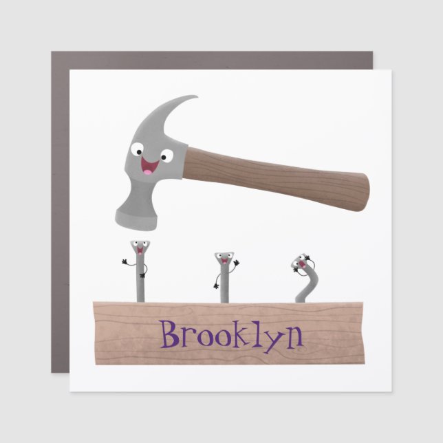 Cute, funny hammer and nails cartoon illustration car magnet (Front)