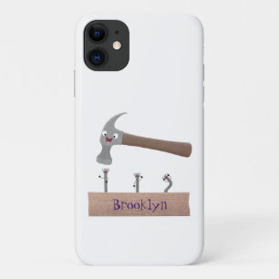 Cute, funny hammer and nails cartoon illustration iPhone 11 case