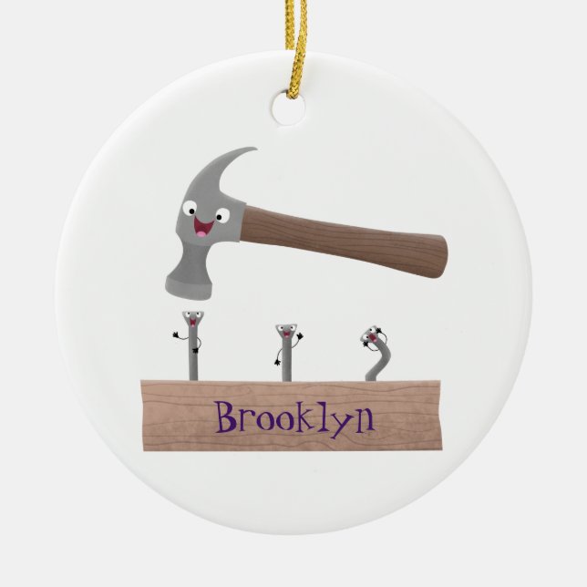 Cute, funny hammer and nails cartoon illustration  ceramic ornament (Front)