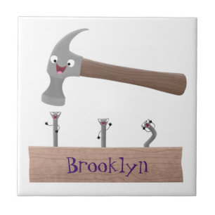 Cute, funny hammer and nails cartoon illustration ceramic tile