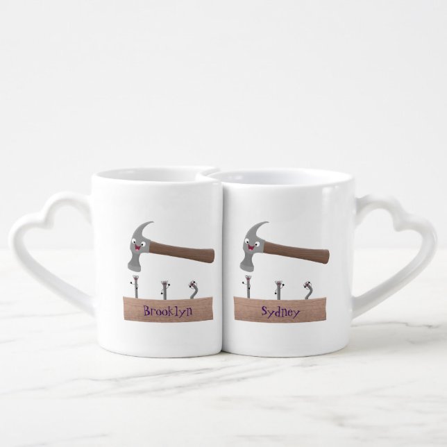 Cute, funny hammer and nails cartoon illustration  coffee mug set (Back Nesting)