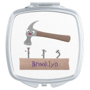 Cute, funny hammer and nails cartoon illustration compact mirror