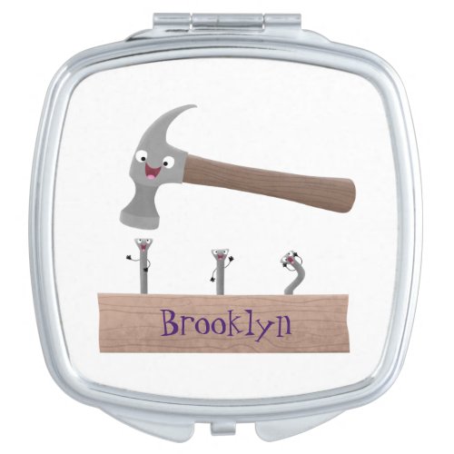 Cute funny hammer and nails cartoon illustration  compact mirror