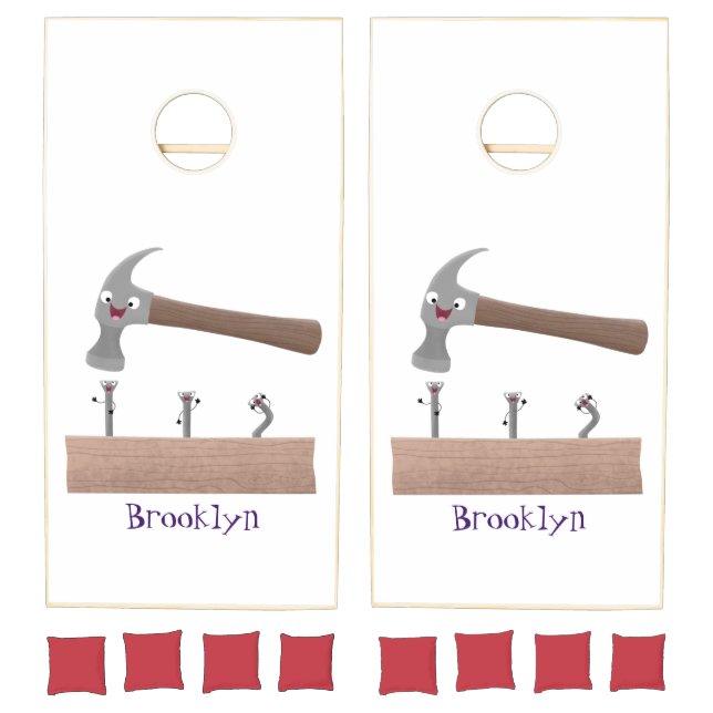 Cute, funny hammer and nails cartoon illustration cornhole set (Set)