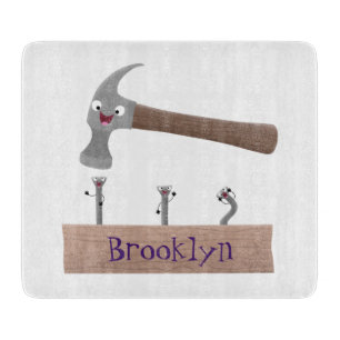 Cute, funny hammer and nails cartoon illustration  cutting board