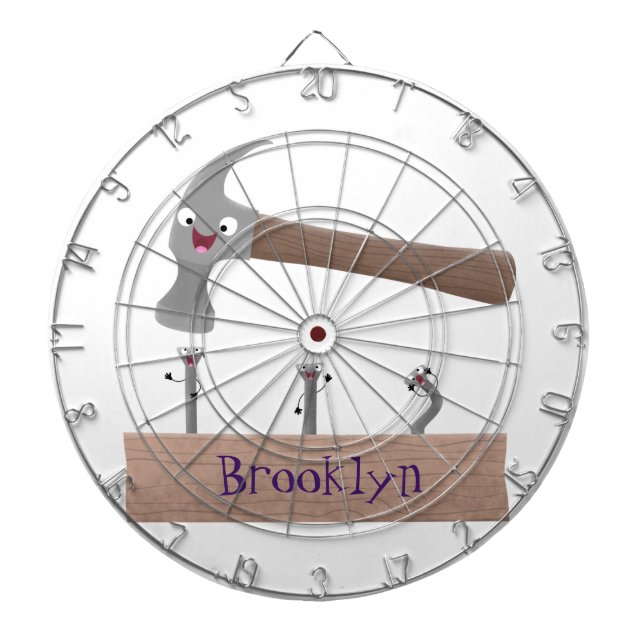 Cute, funny hammer and nails cartoon illustration dart board (Front)