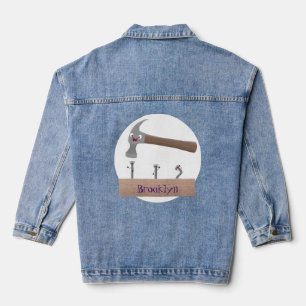 Cute, funny hammer and nails cartoon illustration denim jacket