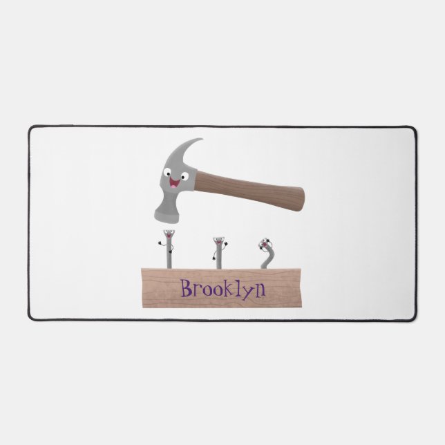 Cute, funny hammer and nails cartoon illustration  desk mat (Front)