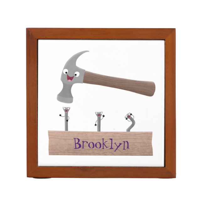 Cute, funny hammer and nails cartoon illustration desk organizer (Front)