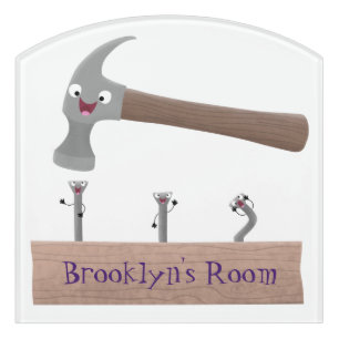 Cute, funny hammer and nails cartoon illustration door sign