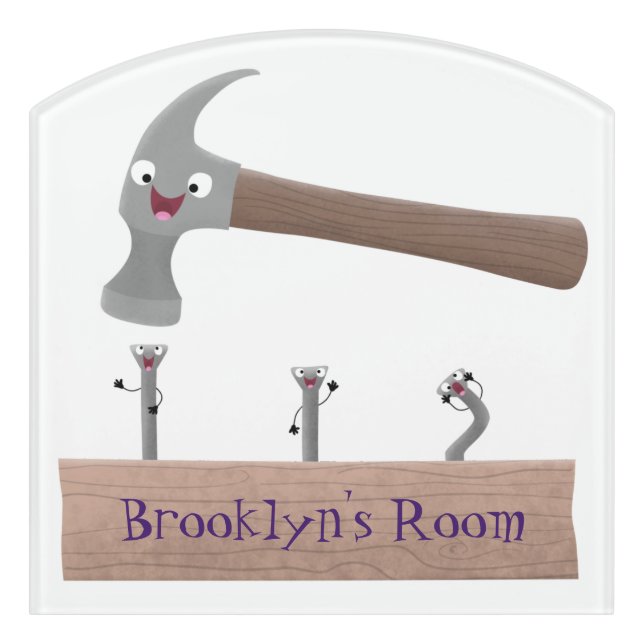 Cute, funny hammer and nails cartoon illustration door sign (Contour Front)